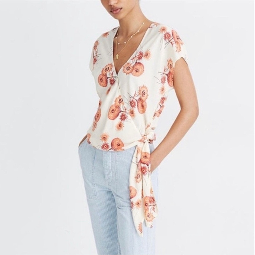 Madewell Cream Orange Sash Tie Wrap Top Dutch Dandelion Print